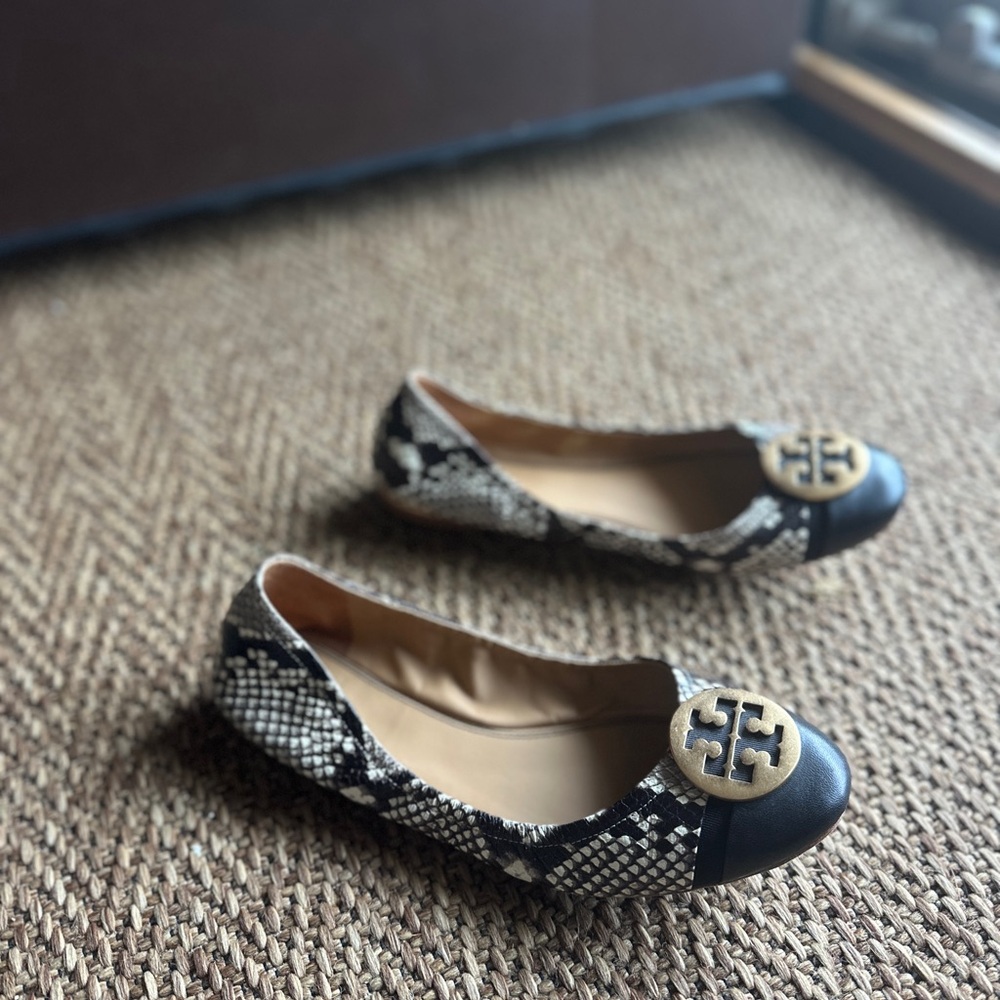 Tory Burch Snakeskin Pattern Flats with Black and Gold Accents